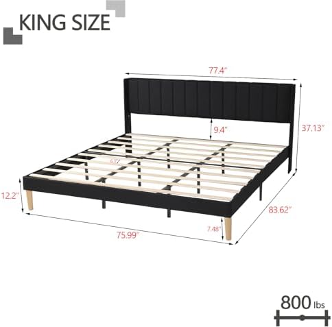 King Size Bed Frame with Linen Upholstered Headboard, Black