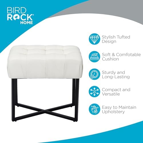 BIRDROCK HOME Rectangle Tufted Linen Ottoman Foot Rest - 19.7x11.82x17.73” Small Foot Stool with Legs - Padded Footrest Modern Ottomans for Living Room Furniture, Bedroom Footstool (Cream)
