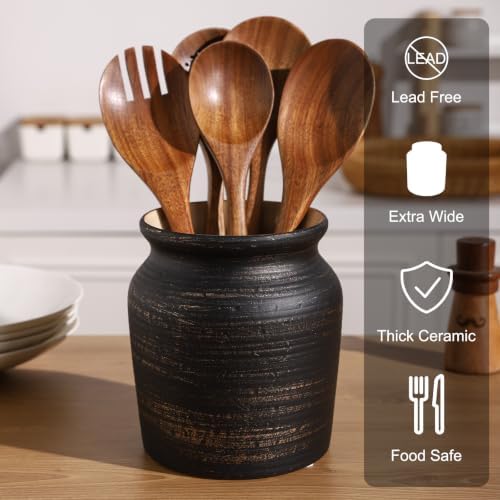 Ceramic Farmhouse Kitchen Utensil Holder for Countertop, Rustic Cooking Utensil Holder Crock Fit for Kitchen Counter. Copper Color.
