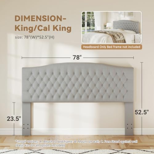 Befurtori King Headboard Only, Velvet Classic Tufted Design, Silver Gray