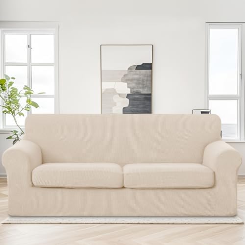 U-NICE HOME 3 Pieces Stretch Couch Cover Sofa Slipcover, Beige