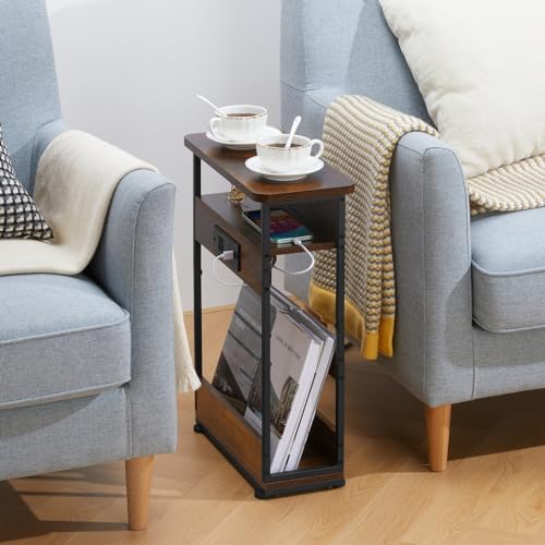 YEAKOO Narrow Side Table with Charging StationSmall Spaces Narrow End Table
