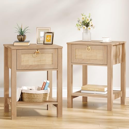 Eclatara Rattan Nightstand Set of 2: Sturdy Night Stand with Rattan Decor Drawer, Farmhouse Nightstand Bedside Table Boho End Tables Side Tables for Bedroom (Natural Oak,2 Pieces)