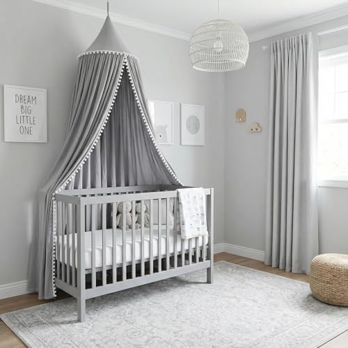LOAOL Bed Canopy with Pom Pom Kids Reading Nook Hanging Tent (Gray)