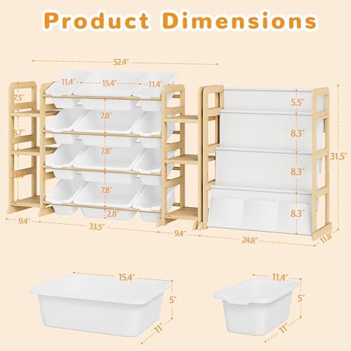 Toy Storage Organizer 12 Bins, 6 Shelves and Bookshelf for Kids, 4-in-1 Toy Organizers and Storage, Toy Book Storage for Kids, Kids Storage Organizer for Playroom, Bedroom, Nursery (Wood-Bookshelf)