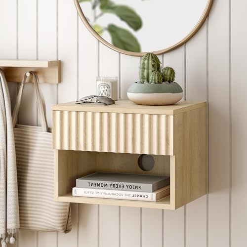 Floating nightstand Set of 2，Modern Fluted Bedside Tables with Drawer & Open Shelf Light Oak