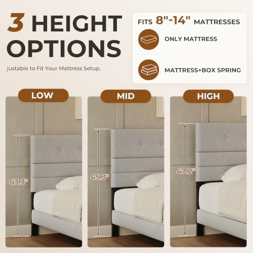 GRUSIGN Twin Size Bed Frame with Linen Fabric Headboard, Adjustable Height Upholstered Platform Bed Frame with Wooden Slats, Easy Assembly, Dark Grey