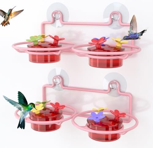 Dreamdrawer 2 Pack Window Hummingbird Feeder, Small Hummingbird Feeder for Outdoors with Strong Suction Cup - Metal Base & 6 Feeding Ports, Easy to Clean and Refill, Pink