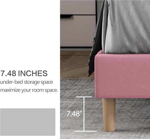 Full Size Bed Frame with Velvet Upholstered Headboard, Pink