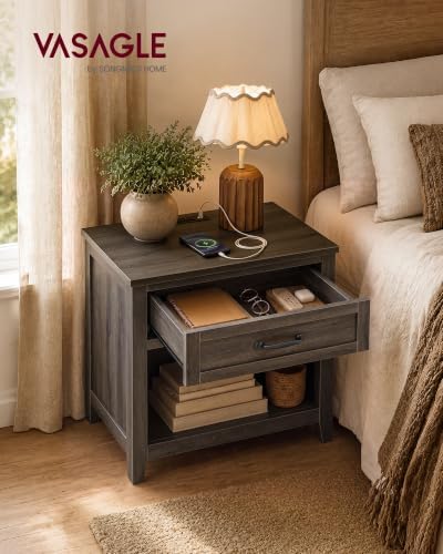 VASAGLE 23.6 inch Farmhouse Nightstands Set 2, Charging Station, 1 Drawer
