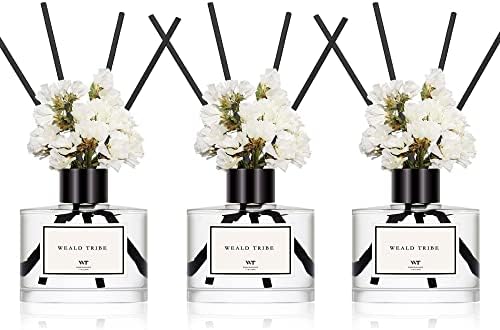 WEALD TRIBE Real Flower Reed Diffuser Set of 3 for Bathroom Shelf Decor, Sticks Diffuser with Essential Oils Included | Eucalyptus & Lavender,Jasmine,Sandalwood Rose Scent(1.7 fl oz/Pack)
