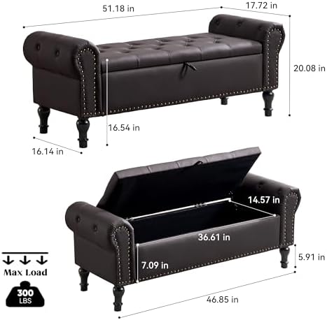 51" Storage Bench for Bedroom, Faux Leather End of Bed Bench, Queen Size Bench with Rolled Arms, Tufted Storage Ottoman Benches, Upholstered Bench for Bedroom, Living Room, Entryway, Dark Brown