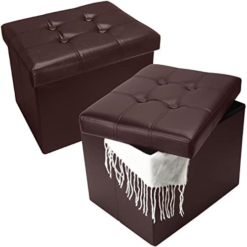 Bsketa Storage Ottoman Bench, 17" Folding Leather Foot Rest, Brown 2 Pack