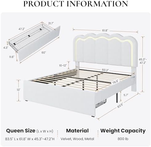 SHA CERLIN Queen Size Bed Frame with LED Lights and Storage Drawer, White