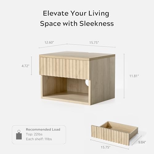 EYYTHUNG Small Fluted Floating Nightstand, Bedside Table Set of 4 with Drawer, Modern Night Stand with Fluted Door and Open Storage Shelf Wall Mounted for Bedroom, Entryway Light Oak