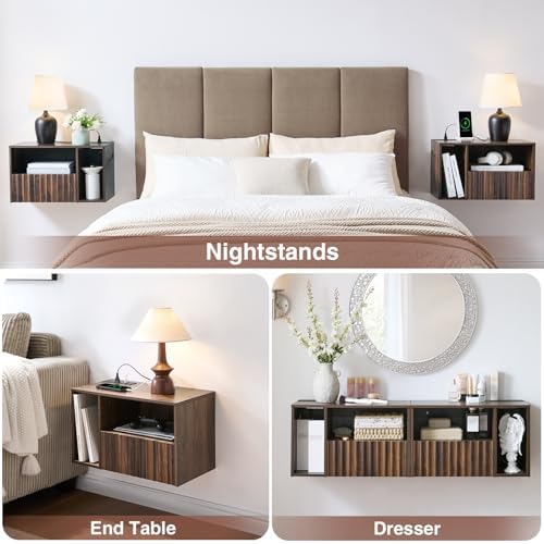 BuildHom Floating Nightstand Set of 2 with Charging Station, Walnut