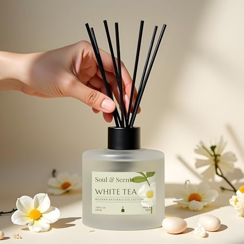 Soul & Scents Reed Diffuser Set – White Tea | 7.43 oz Refillable Scented Oil with 6 Fiber Sticks | Long-Lasting Home Fragrance & Air Freshener for Bedroom, Bathroom, Office | Gift & Décor Piece
