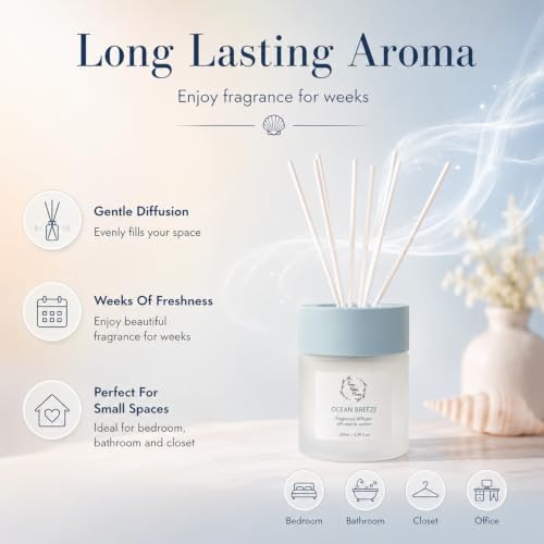 Reed Diffuser for Bathroom,Ocean Breeze Home Fragrance for Women, 3.38 Fl Oz, Coastal Beach Scent Diffuser for Bedroom, Spa Aromatherapy, Home Decor, Non-Toxic Long Lasting & Gift Ready