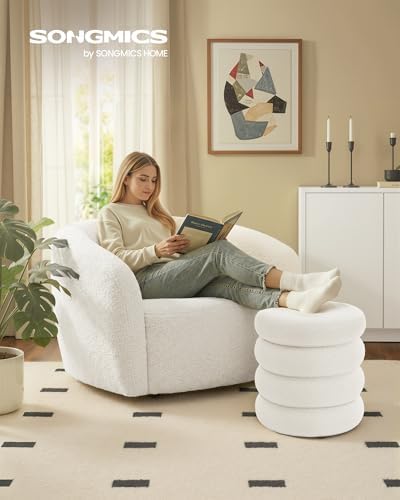 SONGMICS Round Ottoman with Storage, Vanity Stool, Teddy Fleece