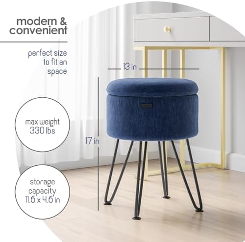 Round Ottoman with Storage, Textured Velvet Storage Ottoman, Foot Stool Ottomans, Makeup Vanity Stool, Small Ottomans Foot Rest, Modern Vanity Stools for Living Room and Bedroom, Blue