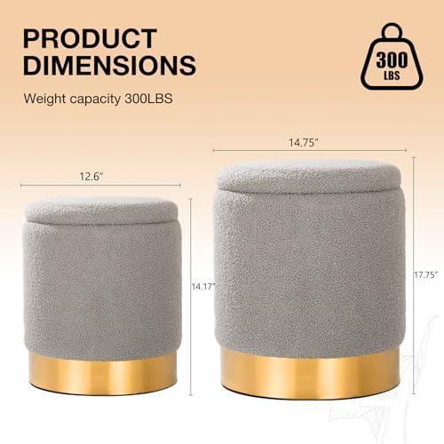 Round Ottoman with Storage Set of 2 Gray Teddy Vanity Stool
