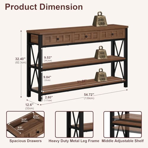 FATORRI Console Table for Entryway, 54.72 Inch Long Farmhouse Sofa Table with 3 Drawers for Living Room, Wood and Metal Hallway Tables with Storage and Couch Tables Behind Sofa, Medium Walnut