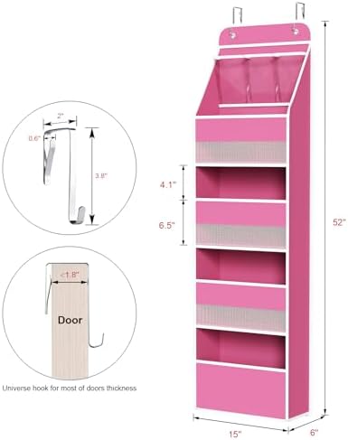Univivi Fabric Over Door Hanging Organizer for Baby Nursery, Pink, 5-Shelf