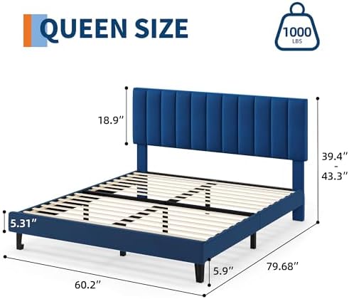Garvee Queen Size Platform Bed Frame with Upholstered Headboard, Blue