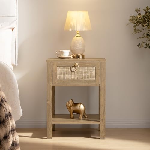 SICOTAS Rattan Nightstand with Storage Shelf, Boho Bedside Table End Table