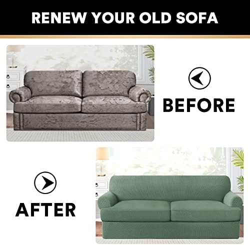 PrinceDeco T Cushion Sofa Slipcover 3 Pieces Sofa Covers for T Cushion Couch Soft Couch Cover Sofa Slip Covers (70"-88") Furniture Covers with 2 Individual T Shape Seat Cover, Loden Frost