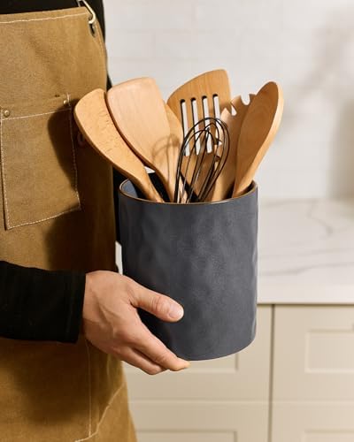 famiware Ceramic Utensil Holder, 7.2"+5.8", Set of 2, Matte Dark Charcoal