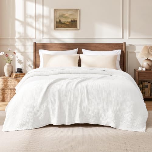 Love's cabin 100% Cotton Muslin Blanket Queen Size for Bed, White