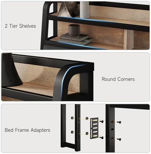 Full Headboard Only with Storage, Charging Station, Black & Brown