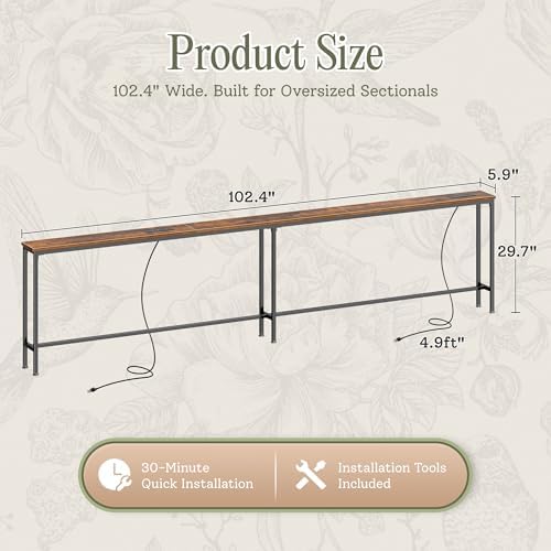 Huuger 102.4 Inch Behind Couch Table with 2 Power Outlets and USB-C Ports, Extra Long Narrow Sofa Table for Sectional Sofa, Skinny Console Table with Anti-Bump Pads, for Living Room, Rustic Brown