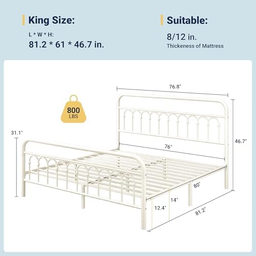 Allewie King Size Metal Platform Bed Frame with Headboard, Cream