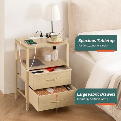 Yoobure Nightstand with Charging Station, Small Night Stand with Fabric Drawers and Storage Shelf for Bedrooms, Nightstands for Small Spaces, Bedside Table with USB Ports & Outlets, Bed Side Table