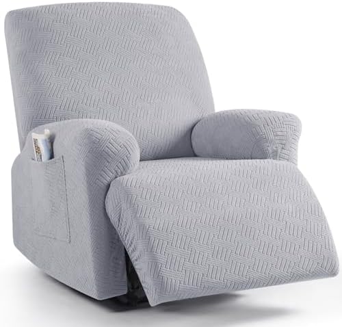 KinCam Recliner Covers, Stretch Reclining Chair Covers, Recliner Sofa Slipcovers Stripe Jacquard Recliner Couch Covers Furniture Protector Covers for Pet Kid (1 Seater, Silver Gray)