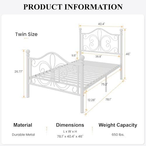 SHA CERLIN Twin Size Metal Bed Frame with Butterfly Headboard, White