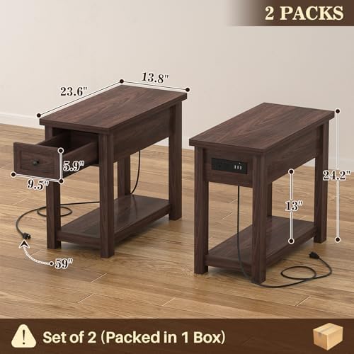 Farmhouse Narrow End Table Set of 2 with Charging Station, 13.8" Wide