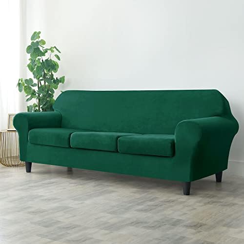 OBCREAT 4 Pieces Sofa Slipcover Stretch Velvet Sofa Covers for 3 Cushion Couch Soft Couch Cover with Elastic Bottom Non Slip Furniture Protector for Pets Kids (Green, Large)