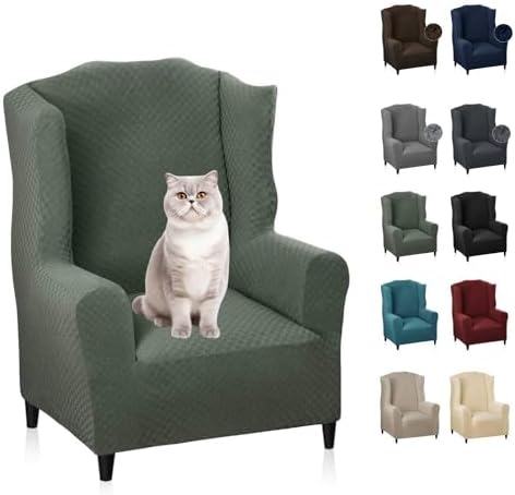 MAXIJIN Wingback Chair Covers 1-Piece Stretch Wing Chair Covers Soft Thick Wingback Armchair Slipcover Non-Slip High Back Chair Furniture Protector Washable (Wing Chair, Army Green)