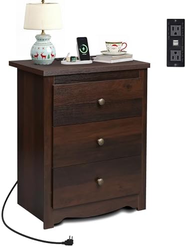WLIVE Tall Nightstand with Charging Station, Wood Night Stand with 3 Drawers Storage, Bedside Table End Side Tables with 2 USB Ports and Outlets for Bedroom, Closet, Espresso