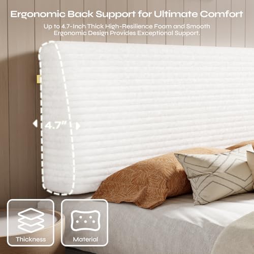 Pinmoco 4.7" Upholstered Headboard for Full Size Bed, Height Adjustable and Ergonomic Headboard, Easy Assemble, Sturdy and Durable, Corduroy, White