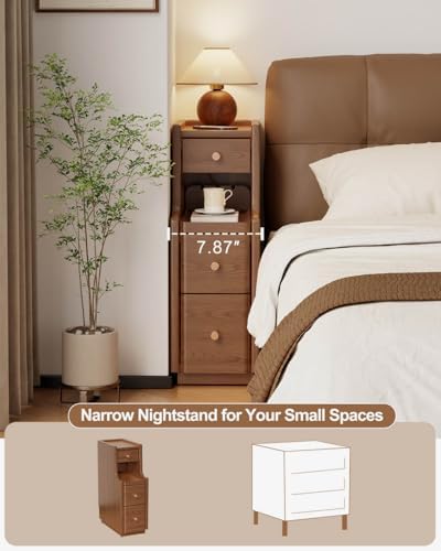 Solid Wood Narrow Nightstand with 3 Drawers,Modern Walnut,Fully Assembled