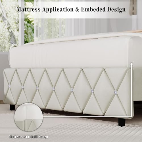 BarnFurin Queen Bed Frame with Diamond Tufted Headboard, Cream