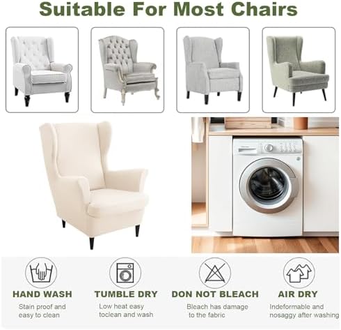 HAOYONG Wing Chair Slipcovers Waterproof Spandex Wingback Chair Covers 2 Pieces Wingback Armchair Slipcover Stretch Chair Slip Covers Washable Armchair Protector Cover for Living Room Bedroom - Beige