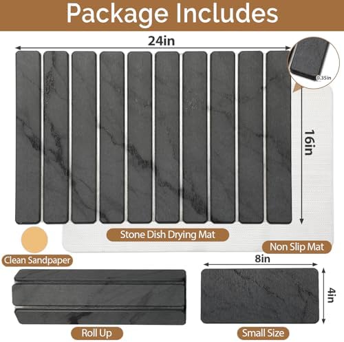 Large Stone Dish Drying Mat for Kitchen Counter, Quick Dry Stone Dishes/Bath Mats,Foldable Water Absorbing Diatomaceous Earth Drying Organizer Pad for Plate Rack Bottles Utensils(Dark Gray 24"×16")