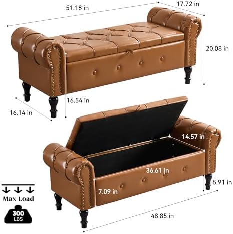 Storage Bench 51" Faux Leather End of Bed Benches Brown