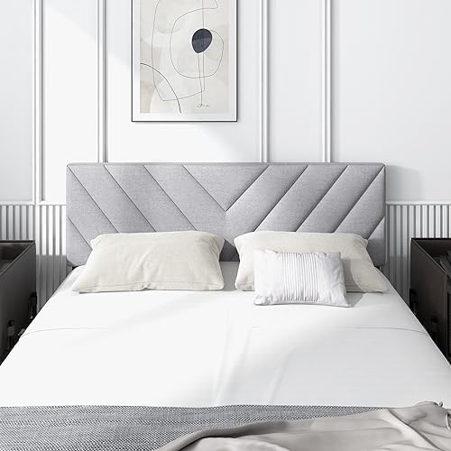 KOMFOTT Linen Fabric Upholstered Headboard for Full/Queen Size Bed, Rectangular Headboard with Solid Wood Legs & Adjustable Width, Padded Full/Queen Bed Headboard, Easy Assembly, Gray