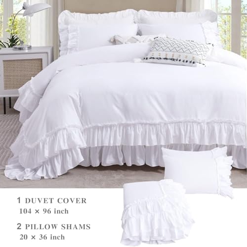 Ruffle White Duvet Cover California King Size- Washed Cotton Shabby Farmhouse Chic Ruffled Bedding 3pcs(1 Soft Cotton Duvet Cover +2 Ruffle Pillowshams) Aesthetic French Country Calking Bed
